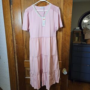 Kate Kasin Womens XL Pink Tiered Glittery Vneck Babydoll Dress Puff Sleeves NEW